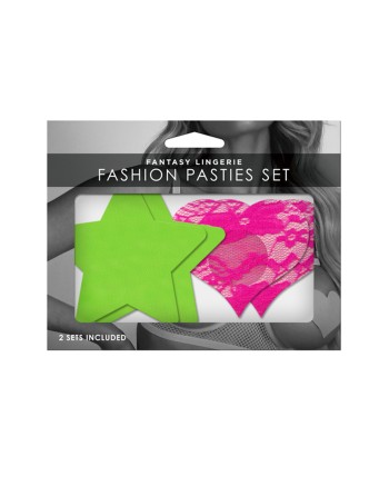 Set caches-tétons étoile vert fluo et coeur rose fluo