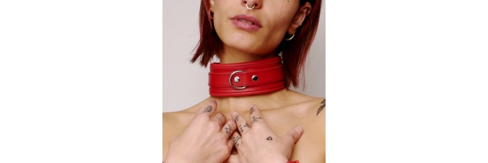 Collier en cuir molletonné rouge et attaches argentées