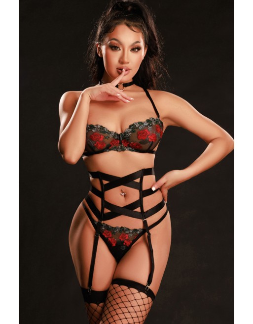 Ensemble lingerie 5 pièces vert et rouge - J Lingerie